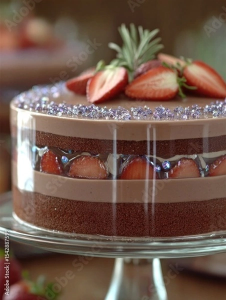 Fototapeta Layers of chocolate cake with strawberries