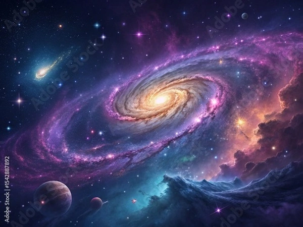 Fototapeta Bright galaxy and nebula illuminate the abstract dark sky of the universe with shining stars and distant planets