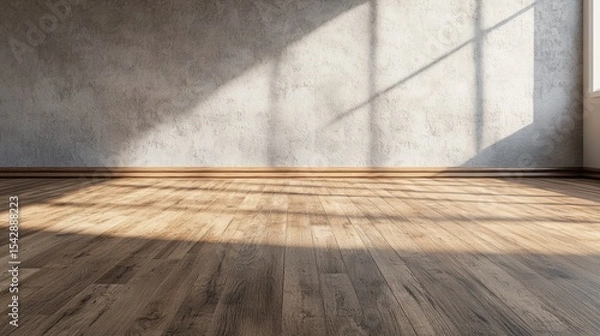 Obraz Brightly lit empty room with wooden floor and textured wall casting shadows through large