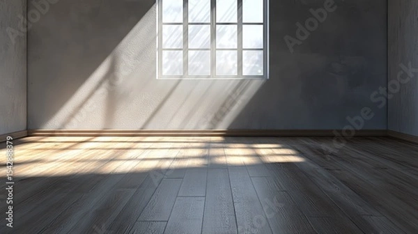 Obraz Bright sunlight streaming through a large window into an empty room with wooden floor and concrete walls du daytime