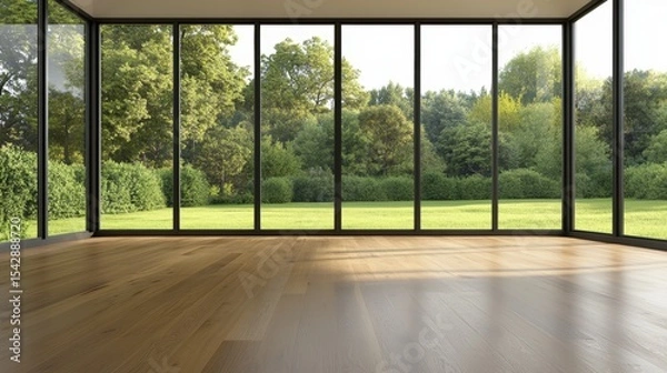 Obraz Bright modern indoor space with large floor-to-ceiling overlooking lush green outdoor landscape