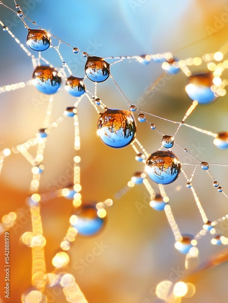 Obraz Natural spider web with morning dew and light reflections in colorful defocused view