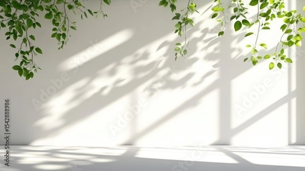 Obraz Bright Sunlight Streaming Through Window with Green Ivy Shadows on White Wall in Well-lit Room