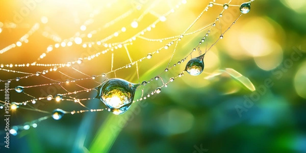 Obraz Abstract macro of dew on spider web in bright nature background with morning colors