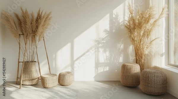 Obraz Minimalist interior design with natural decor elements including pampas grass and woven baskets in bright sunlight