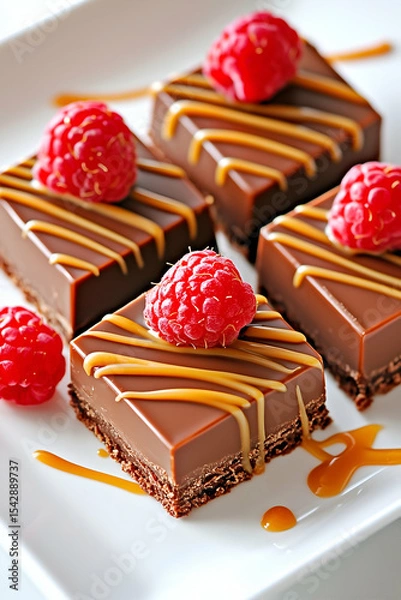 Obraz Chocolate brownie bars with caramel sauce and raspberries, festive dessert, close-up food presentation