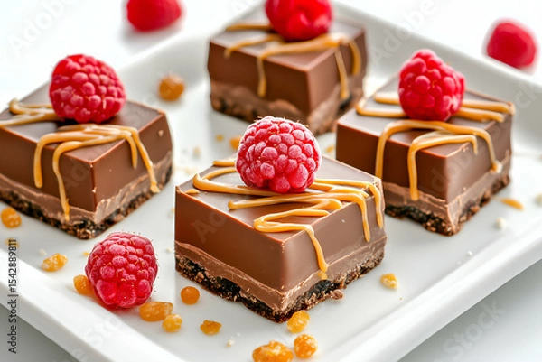 Obraz Chocolate and caramel layered pastry squares with fresh raspberries, luxury dessert, appetizing food photography