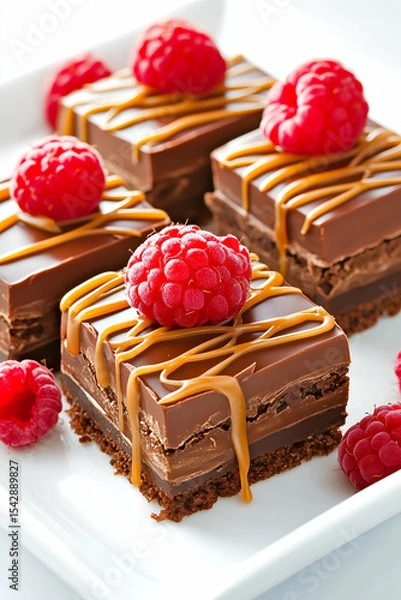Obraz Chocolate layered dessert bars with caramel drizzle and fresh raspberries, gourmet sweet treat, close-up on white plate