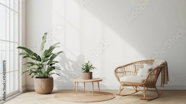 Obraz Bright Minimalist Interior with Indoor Plants and Rattan Lounge Chair in Sunlit Room
