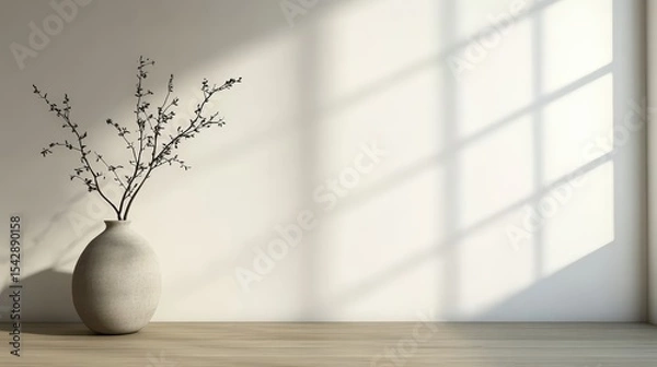 Obraz Minimalist Still Life Photography of a Plain Ceramic Vase with Branches on Light Wood Surface with Natural Sunlight Shadows