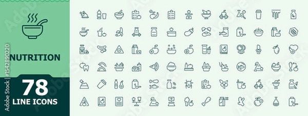 Fototapeta Nutrition icon set. Minimalist linear icons. Editable vector. Health line icon set. Contains such icons as supplement, food, health, metabolism, healthy and more.