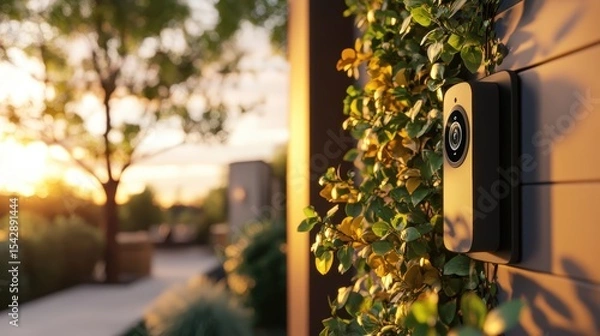 Obraz Close-up of a modern doorbell camera mounted on a wall near a leafy bush du sunset showing outdoor security and home technology