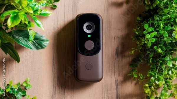 Obraz Modern doorbell camera mounted on wooden door with green plants in the background for home security