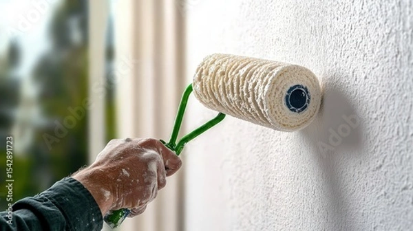 Obraz Close-up of a hand painting a wall with a paint roller du home renovation or interior decoration process