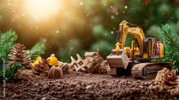 Obraz Small yellow toy excavator bulldozer digging in dirt with pinecones and greenery in a festive outdoor setting