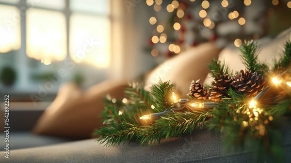 Obraz Close-up of festive Christmas garland with pinecones and warm glowing lights decorating sofa in cozy living room