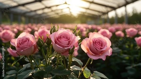 Obraz Beautiful Pink Roses Blooming in a Large Greenhouse Filled with Sunlight and Rows of Flower Plants
