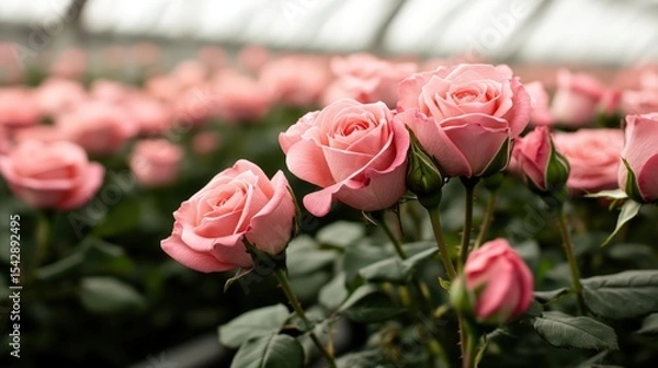 Obraz Beautiful pink roses blooming in a lush greenhouse with vibrant green leaves and delicate petals