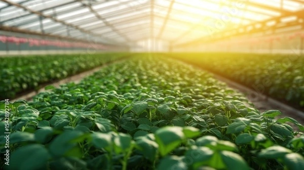 Obraz Lush Greenhouse Interior with Rows of Healthy Green Crops under Sunlight du Daylight Hours