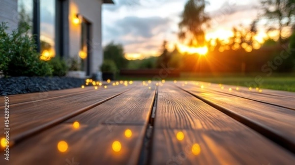Obraz Sunset over wooden deck with glowing fairy lights and lush greenery in the background du evening