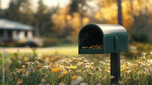 Obraz Green outdoor mailbox with a curved top, surrounded by yellow flowers and trees in a suburban yard du autumn