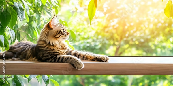 Obraz Beautiful fluffy cat resting in cozy sunlight on wooden ledge with vibrant greenery in background