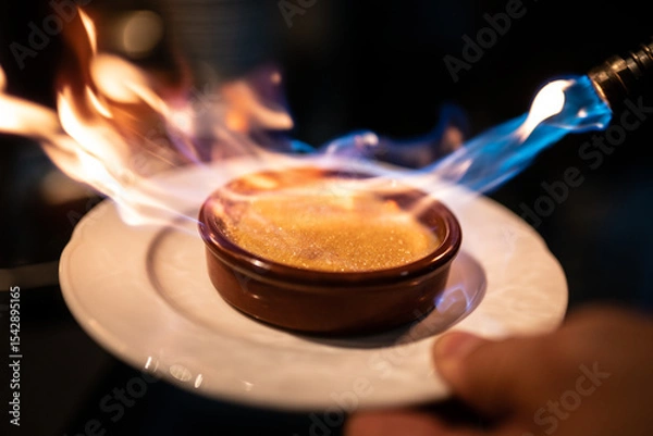 Fototapeta Crème Brûlée with Caramelized Flame – Classic French Dessert with Fiery Topping