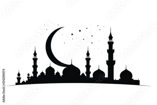 Obraz Mosque silhouette with a large crescent moon above sky