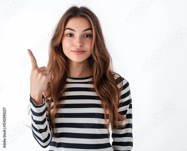 Fototapeta Smiling Woman in Striped Shirt Pointing Up – Studio Portrait with White Background, Perfect for Advertising, Branding, or Marketing Campaigns