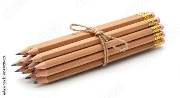 Fototapeta Bundle of wooden pencils tied with jute twine, ready for use