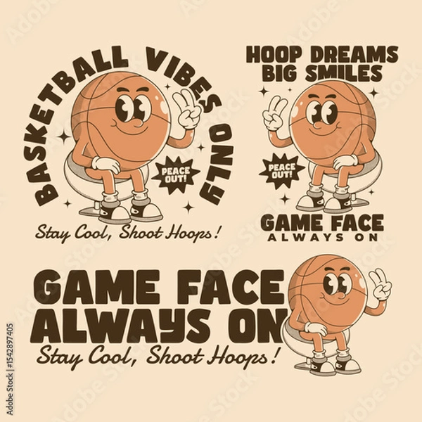 Fototapeta Retro Cartoon Basketball Character with Motivational Phrases