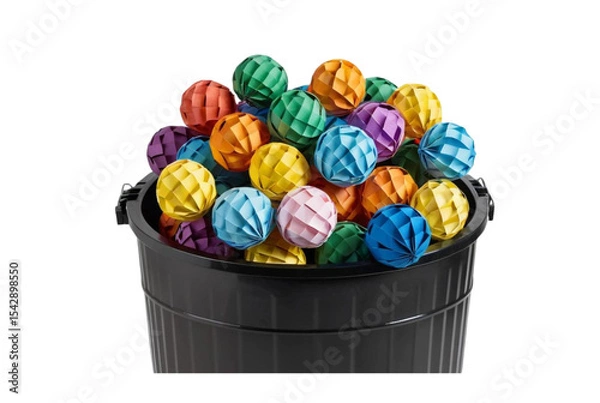 Obraz Multi colored paper balls all around a black recycle bin create chaos