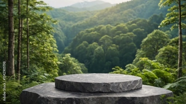 Obraz Gray stone pedestal in a lush forest landscape.