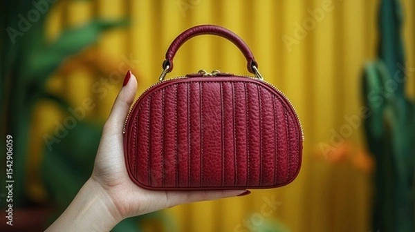 Obraz A small, maroon leather handbag held in a hand.