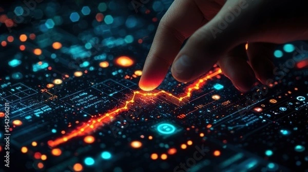 Obraz A hand interacts with a glowing digital display showing a data graph.