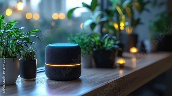 Obraz Smart speaker on a wooden windowsill with plants.