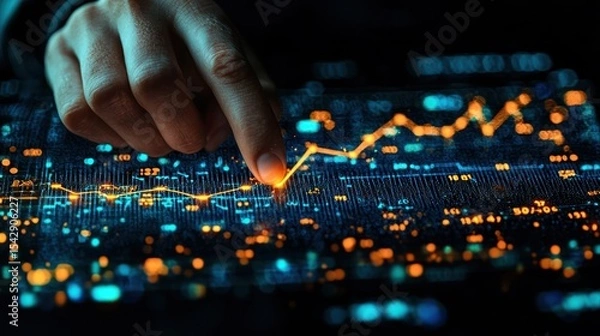 Obraz A hand points to a glowing line graph on a digital display.