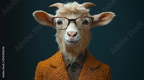 Obraz A goat in a stylish, warm-toned sweater, wearing spectacles.