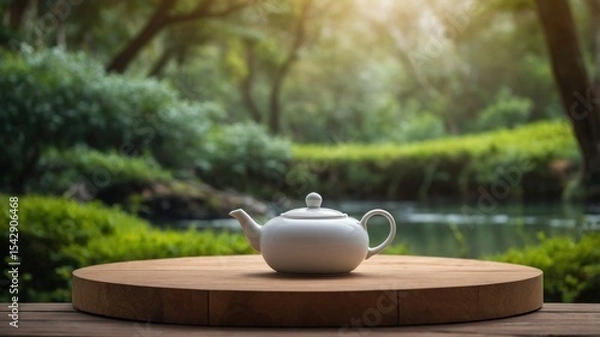 Obraz White tea pot on a wooden table in a garden setting.