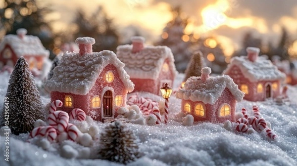 Obraz Pink gingerbread houses nestled in a snowy winter scene.
