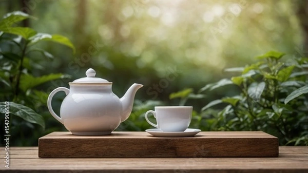 Obraz White teapot and cup on a wooden surface amidst greenery.