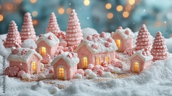 Obraz Festive pink gingerbread houses and trees, decorated with candy and snow.