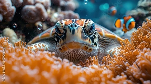 Obraz Close-up of a sea turtle amongst coral.