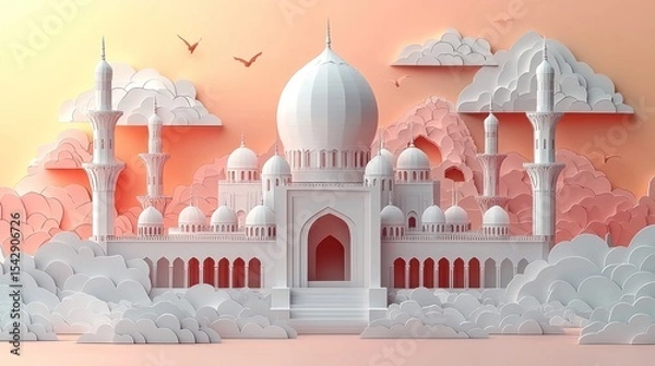 Obraz A mosque scene crafted in paper-cut style.