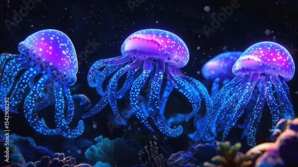 Fototapeta A school of three beautiful, bioluminescent jellyfish glow with vibrant purple and blue light in the deep ocean. Their spotted bells and intricate tentacles float gracefully above a colorful coral 