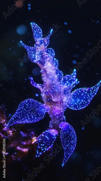 Fototapeta A fearsome, bioluminescent deep-sea creature, resembling a giant, glowing centipede, swims through the dark abyss. Its body radiates a vibrant blue and purple light, with sharp spines and teeth, creat