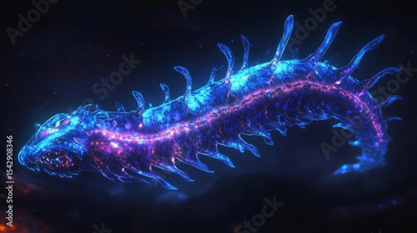 Fototapeta A fearsome, bioluminescent deep-sea creature, resembling a giant, glowing centipede, swims through the dark abyss. Its body radiates a vibrant blue and purple light, with sharp spines and teeth, creat