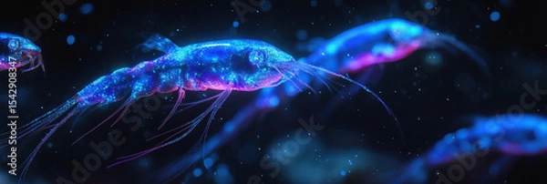 Fototapeta A fearsome, bioluminescent deep-sea creature, resembling a giant, glowing centipede, swims through the dark abyss. Its body radiates a vibrant blue and purple light, with sharp spines and teeth, creat