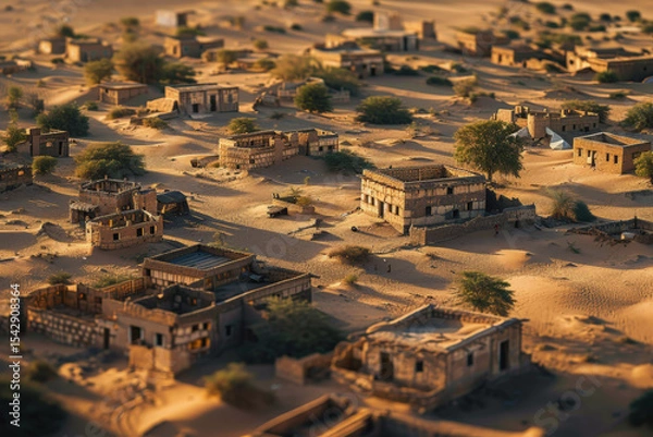 Fototapeta An abandoned, sand-colored village is being swallowed by encroaching desert dunes under a warm sun. The tilt-shift effect makes the decaying mud-brick buildings look like a miniature model, highlighti