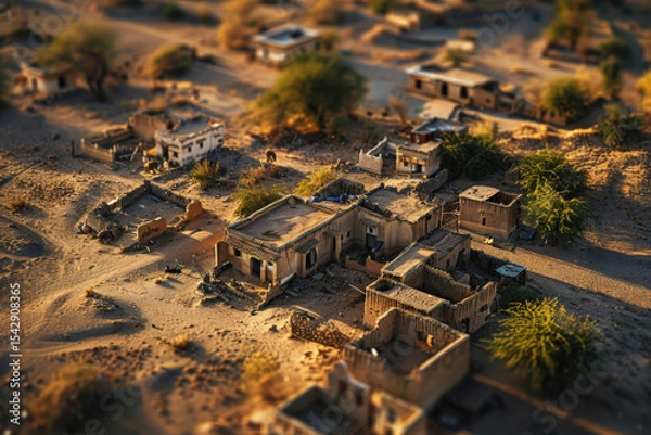 Fototapeta An abandoned, sand-colored village is being swallowed by encroaching desert dunes under a warm sun. The tilt-shift effect makes the decaying mud-brick buildings look like a miniature model, highlighti